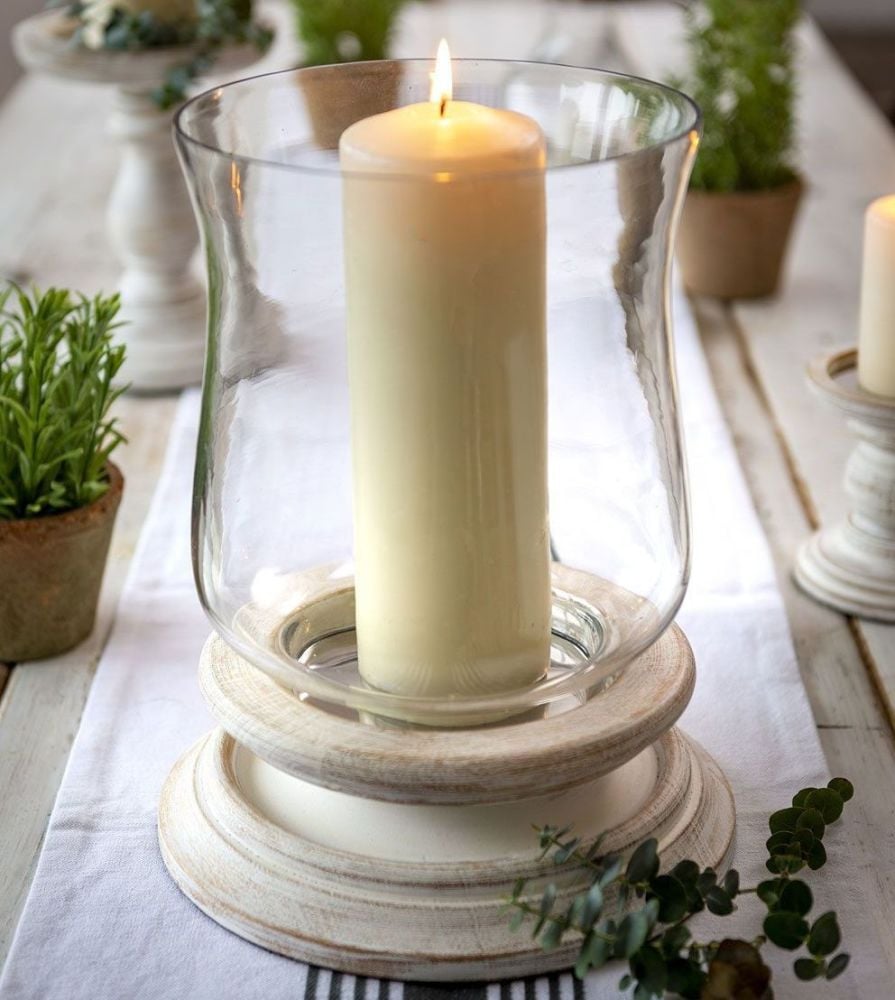 White Wood & Glass Hurricane candle holder - Large
