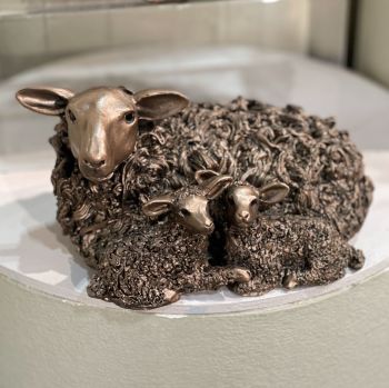 Ewe with Twin Lambs Frith Bronze Sculpture by Veronica Ballan