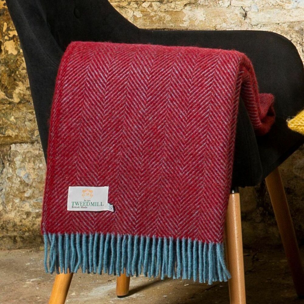 Tweedmill Strawberry & Petrol Blue Herringbone Pure New Wool Throw Blanket