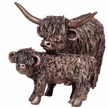 HIGHLAND COW AND CALF Standing  Medium Frith Bronze Sculpture by Veronica Ballan