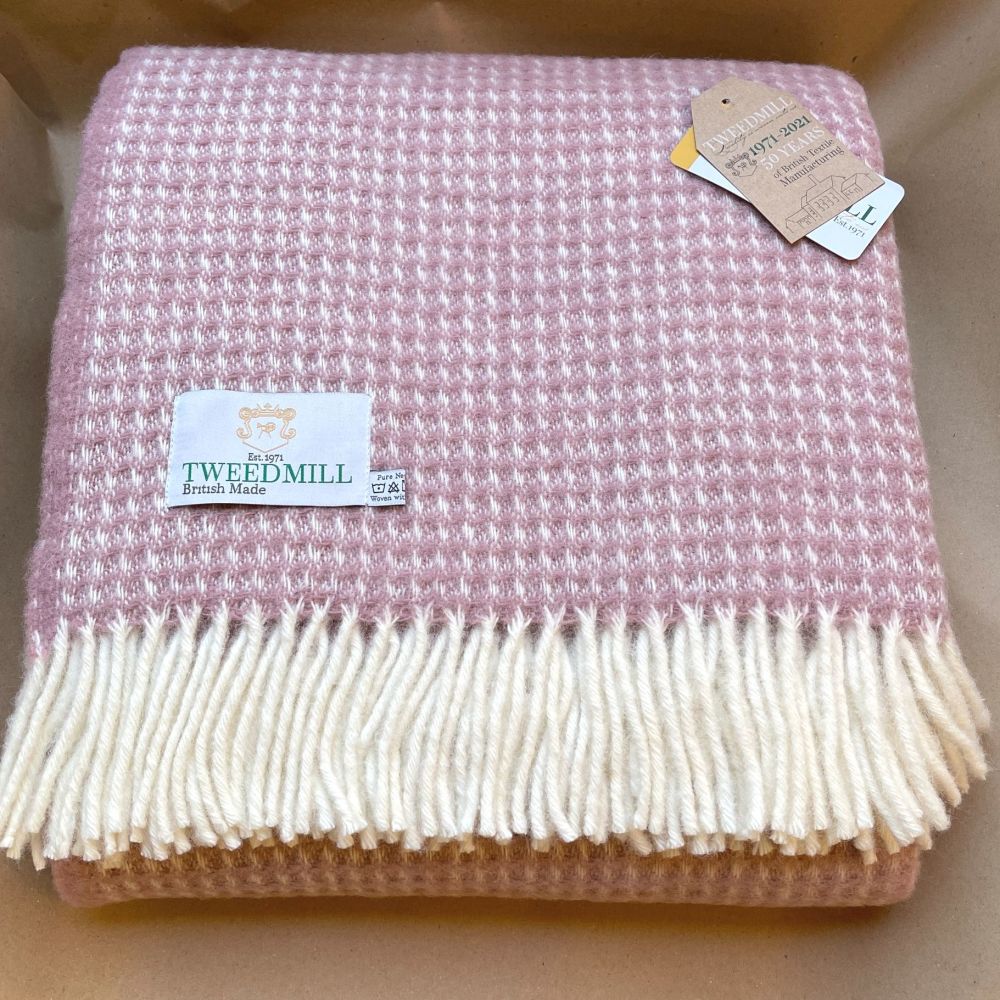 Tweedmill Soft Waffle Dusky Pink Pure New Wool Large Throw or Blanket