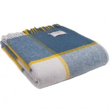 Tweedmill Multi Check Ink  Blue & Yellow Pure New Wool Throw Blanket