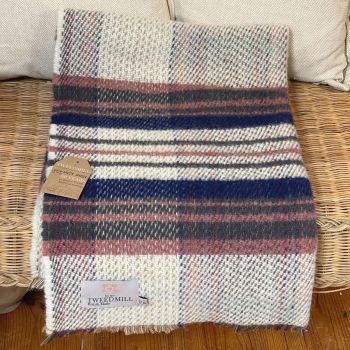 Woollen Recycled Throw / Blanket / Picnic Rug in Navy Blue/Dusky Pink Mix