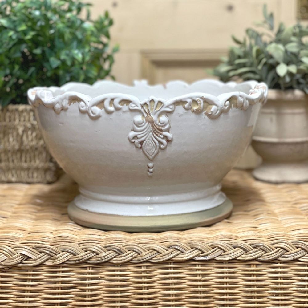 French Country Footed Bowl in Antique Old White - Display or Plant Pot - La