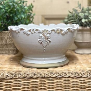 French Country Footed Bowl in Antique Old White - Display or Plant Pot - Large