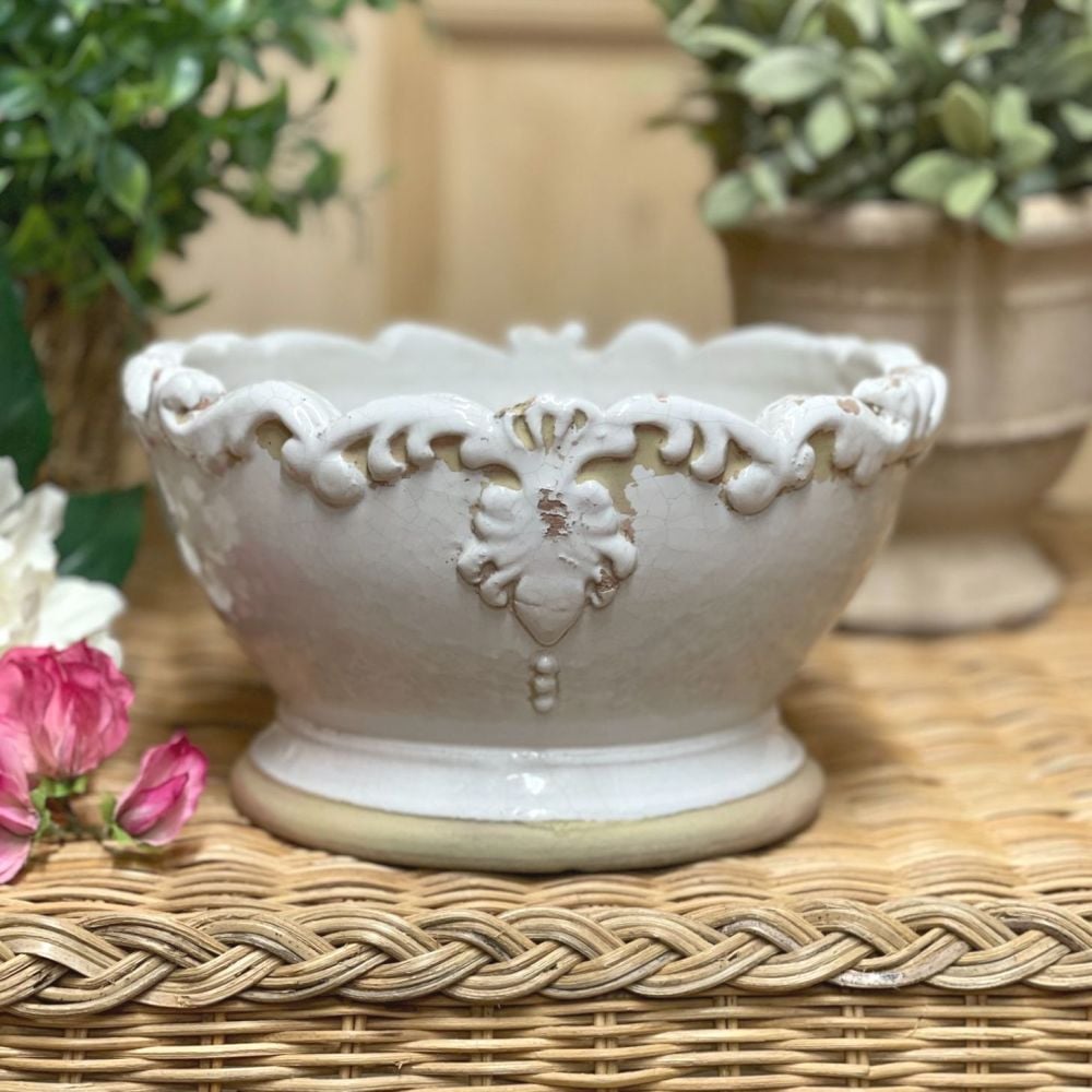 French Country Footed Bowl in Antique Old White - Display or Plant Pot - Sm
