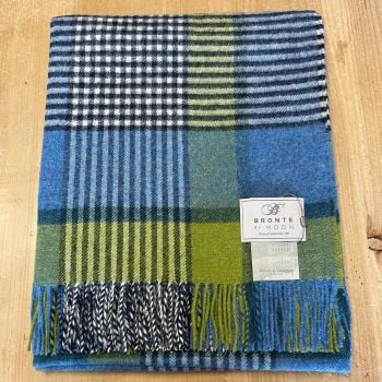 BRONTE by Moon Shetland Wool Thorpeness Throw/Blanket - Sea Blue/Lime Green Check