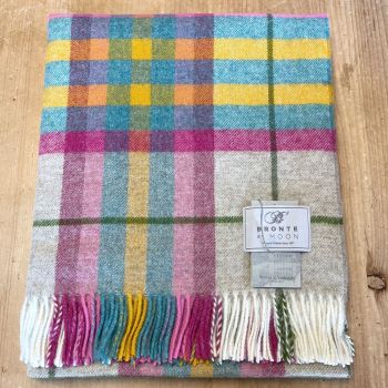 BRONTE by Moon Shetland Wool Falmouth Throw/Blanket - Ivory/Pink Check