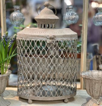 Vintage Style Stone Grey Distressed Oval Candle Lantern - Large