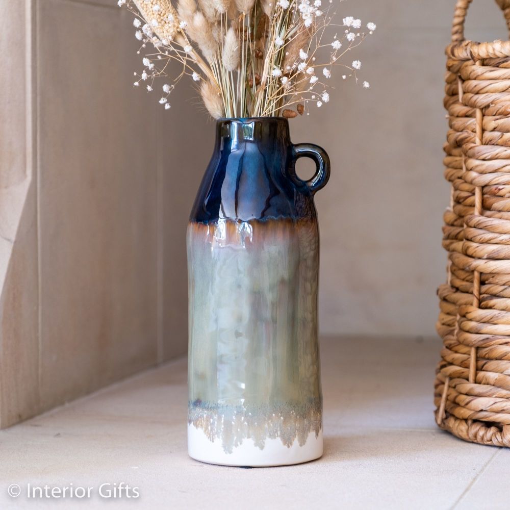 Natural Artisan Ceramic Glazed Vase, rustic retro style with a reactive  ombre glaze in indigo blue, olive green and natural white