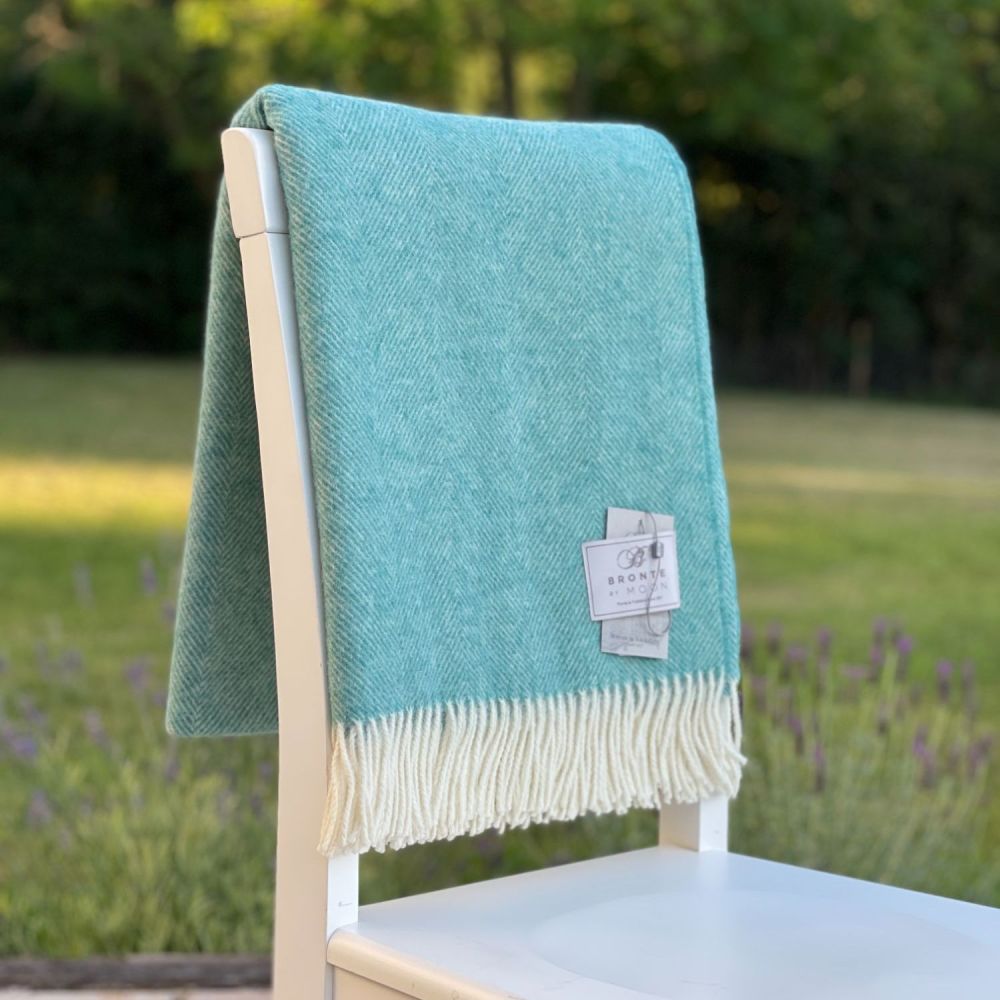 BRONTE by Moon Herringbone Throw Blanket Aqua Blue / Green Shetland Wool