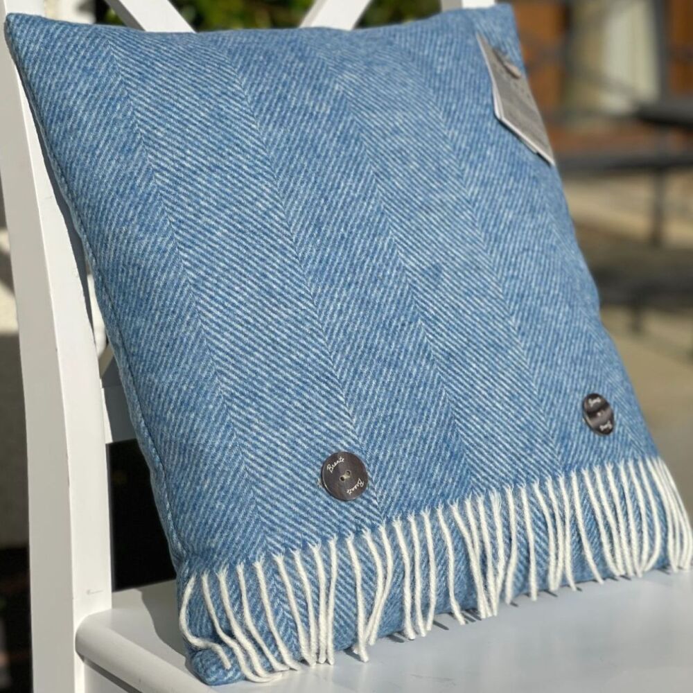 BRONTE by Moon Cushion - Herringbone Peacock Blue Shetland Wool