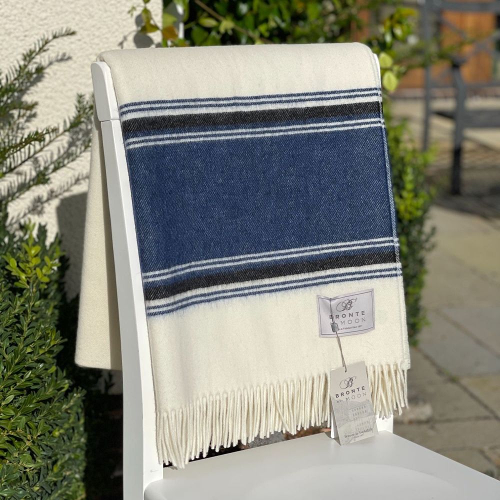 BRONTE by Moon Whitby Harbour Blue & White Throw in Supersoft Merino Lambsw