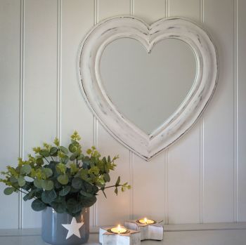 White Heart Shaped Mirror - Hand Carved Decorative White Wooden Mirror