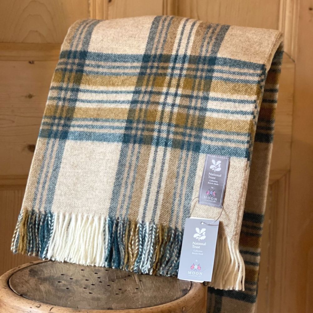 BRONTE by Moon Beige, Teal and Gold Check Throw in Shetland Pure New Wool 