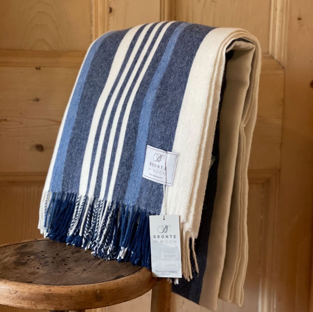 BRONTE by Moon Whitstable Harbour Blue & White Throw in Supersoft Merino La