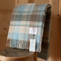 BRONTE by Moon Rustic Duck Egg, Beige & Teal Check Throw in Shetland Pure New Wool