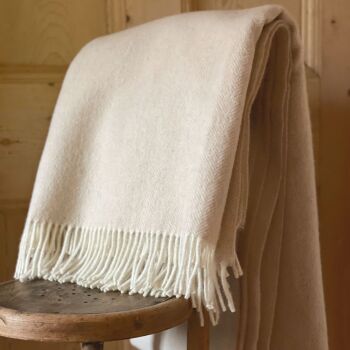 Herringbone Pure New Wool Creamy Beige Throw Blanket