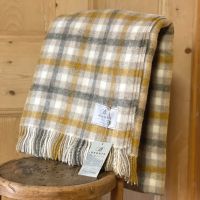 BRONTE by Moon Beige, Cream, Mustard & Grey Check Throw in Shetland Pure New Wool