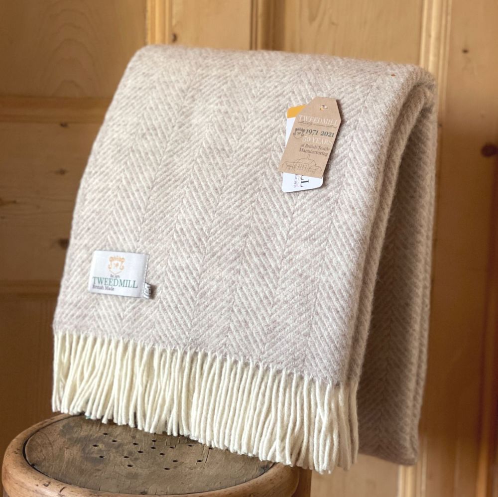 Tweedmill Hazel Beige Herringbone Pure New Wool Throw Blanket