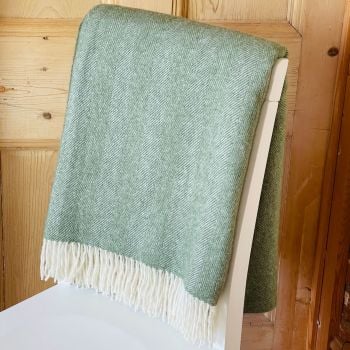 Herringbone Lambswool  Olive Green & Cream Pure New Wool Throw Blanket