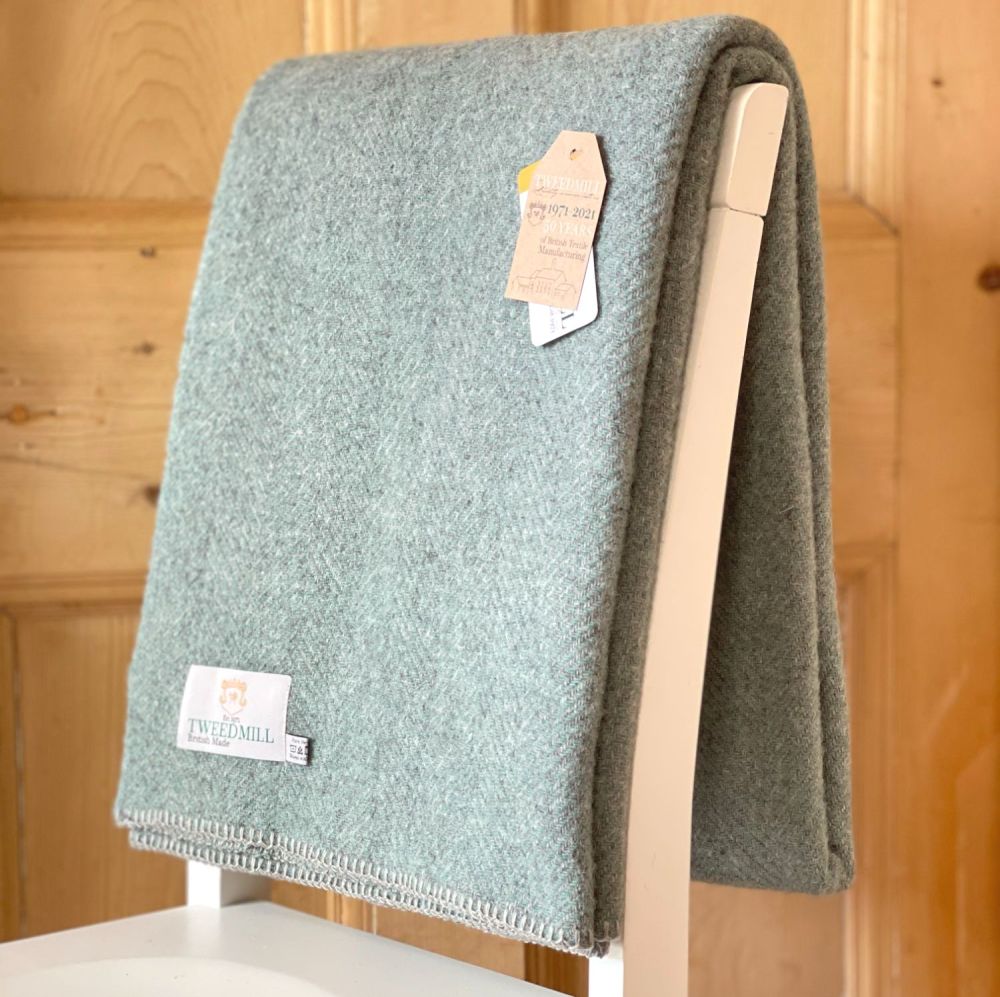Tweedmill Blanket Stitch Herringbone Sea Green & Silver Pure New Wool Throw