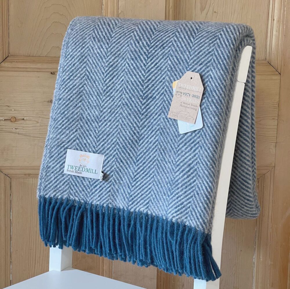 Tweedmill Ink Blue & Silver Herringbone Pure New Wool Throw Blanket