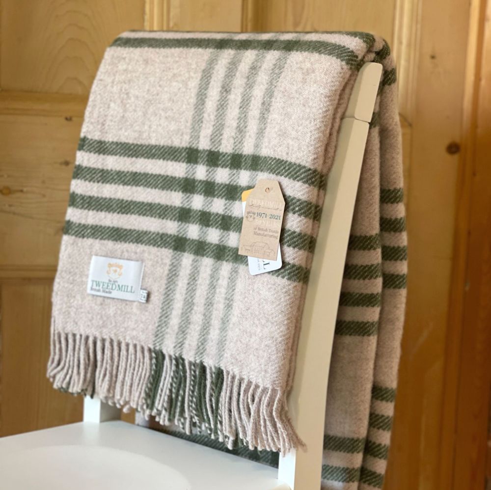 Tweedmill Beige & Olive Check Pure New Wool Throw/Blanket - Extra Large