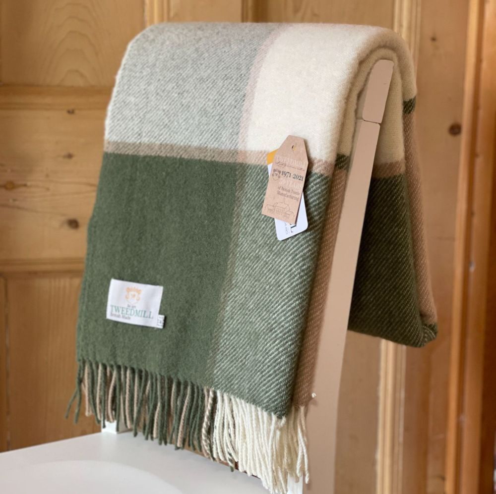 Tweedmill Multi Check Olive Green & Cream Pure New Wool Throw Blanket