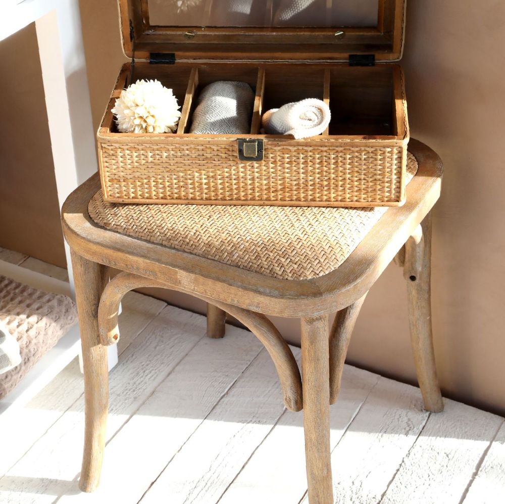 Wooden & Rattan Country Stool 