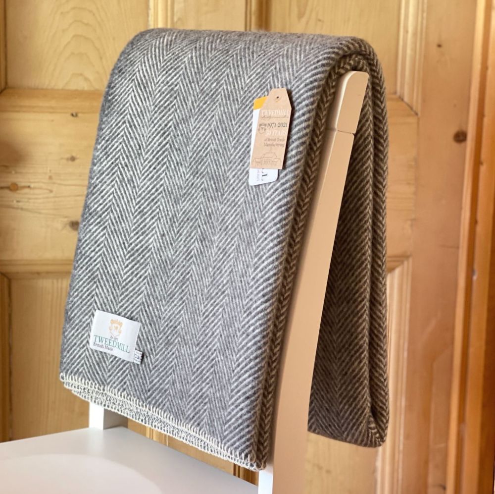 Tweedmill Blanket Stitch Herringbone Slate Grey Pure New Wool Throw Blanket