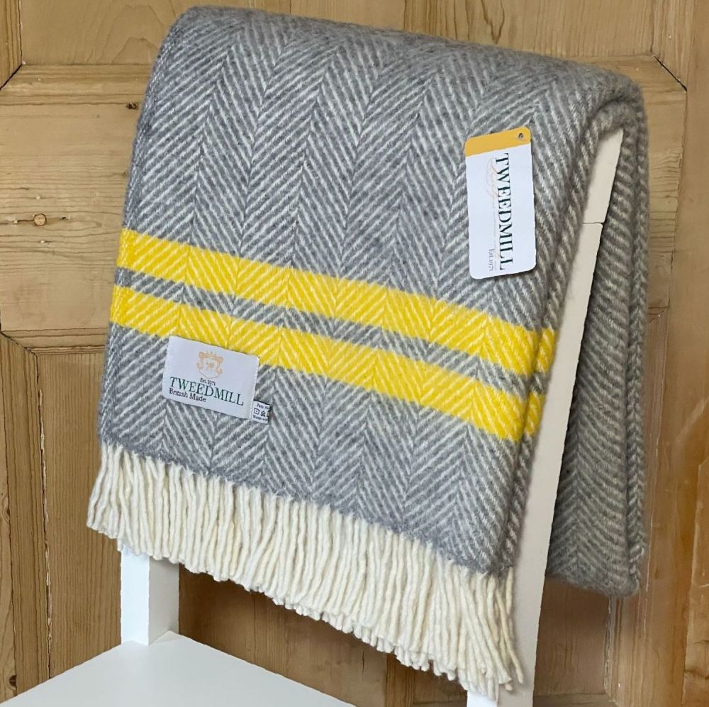 Tweedmill Silver Grey & Yellow Stripe Herringbone Pure New Wool Throw Blank