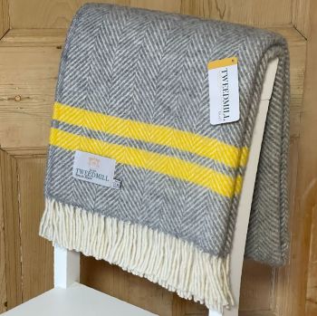 Tweedmill Grey & Yellow Stripe Herringbone Pure New Wool Throw Blanket