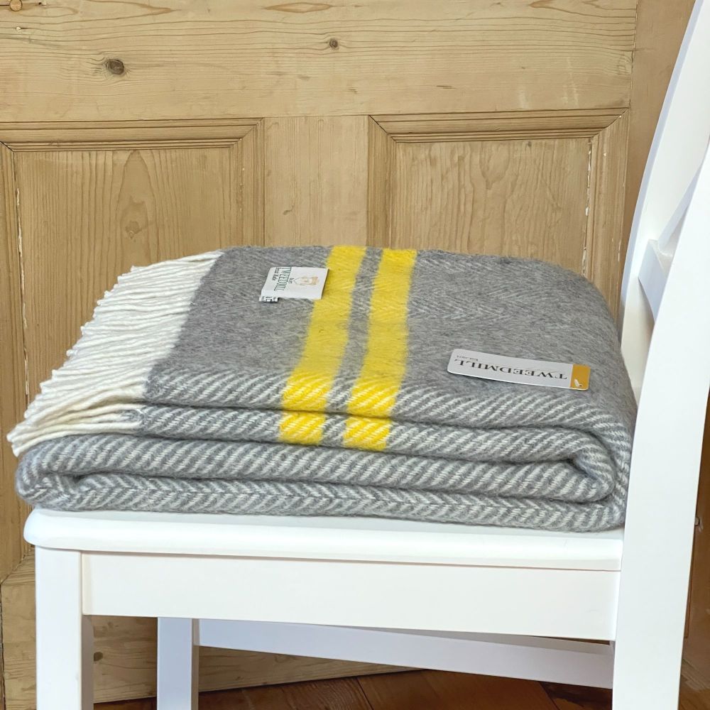 Tweedmill Grey & Yellow Herringbone Knee Rug or Small Blanket Throw Pure Ne