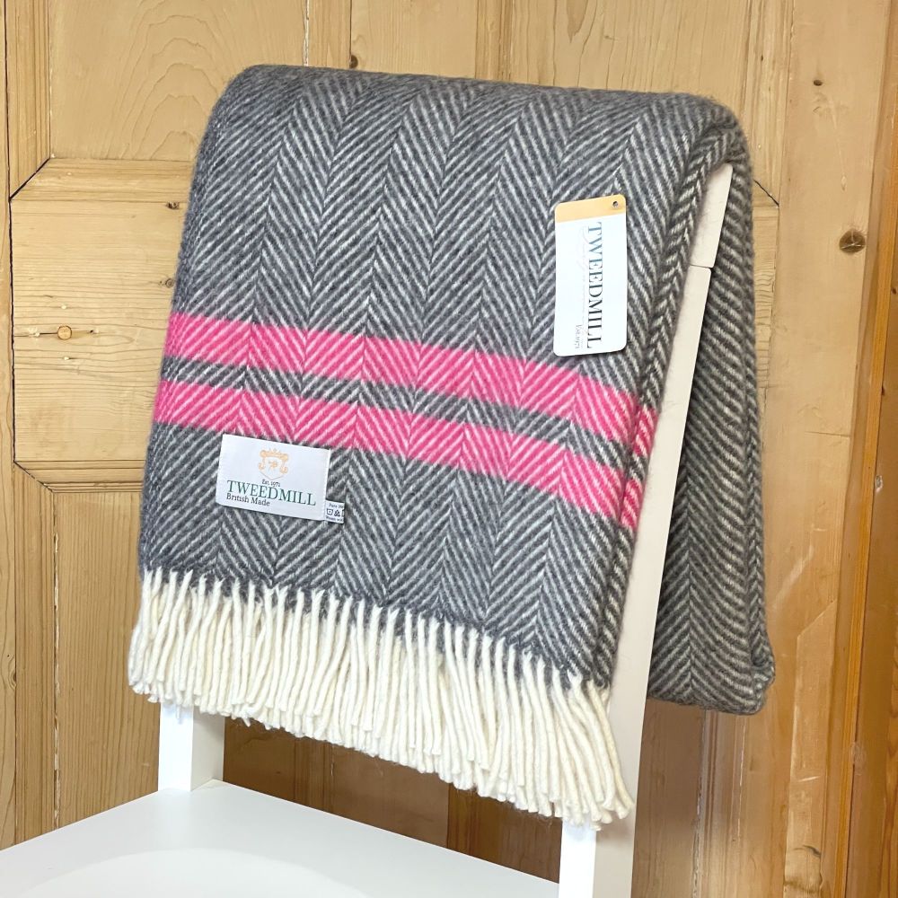 Tweedmill Slate Grey & Pink Stripe Herringbone Pure New Wool Throw Blanket