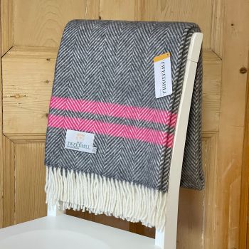 Tweedmill Slate Grey & Pink Herringbone Knee Rug or Small Blanket Throw Pure New Wool