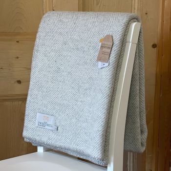 Tweedmill Blanket Stitch Herringbone Silver Grey Pure New Wool Throw Blanket - Large