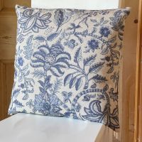 Linen mix Botanical Cushion - Vintage White & Indigo Blue