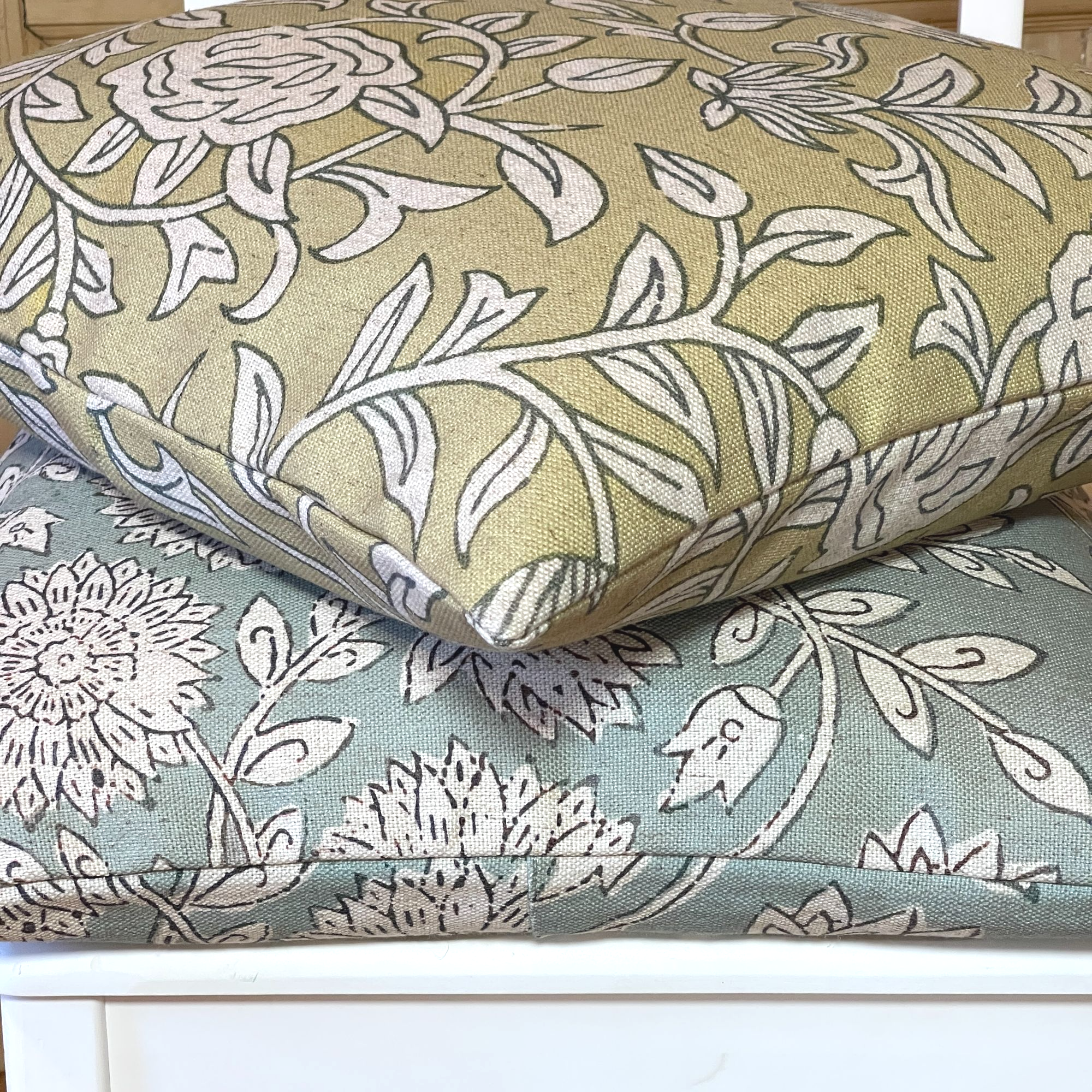Linen cushion sage & beige botanical print