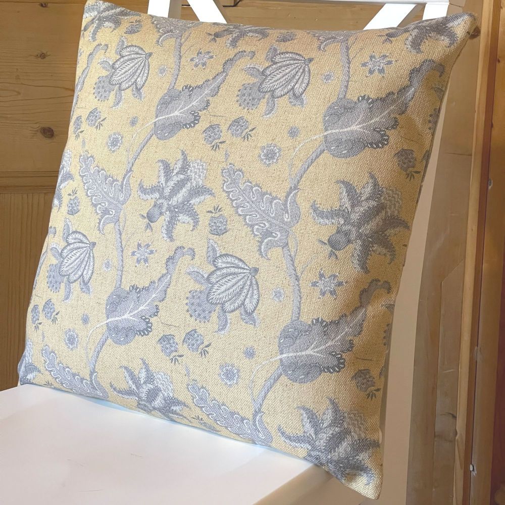 Linen mix Flower Garden Cushion in Ochre & Grey