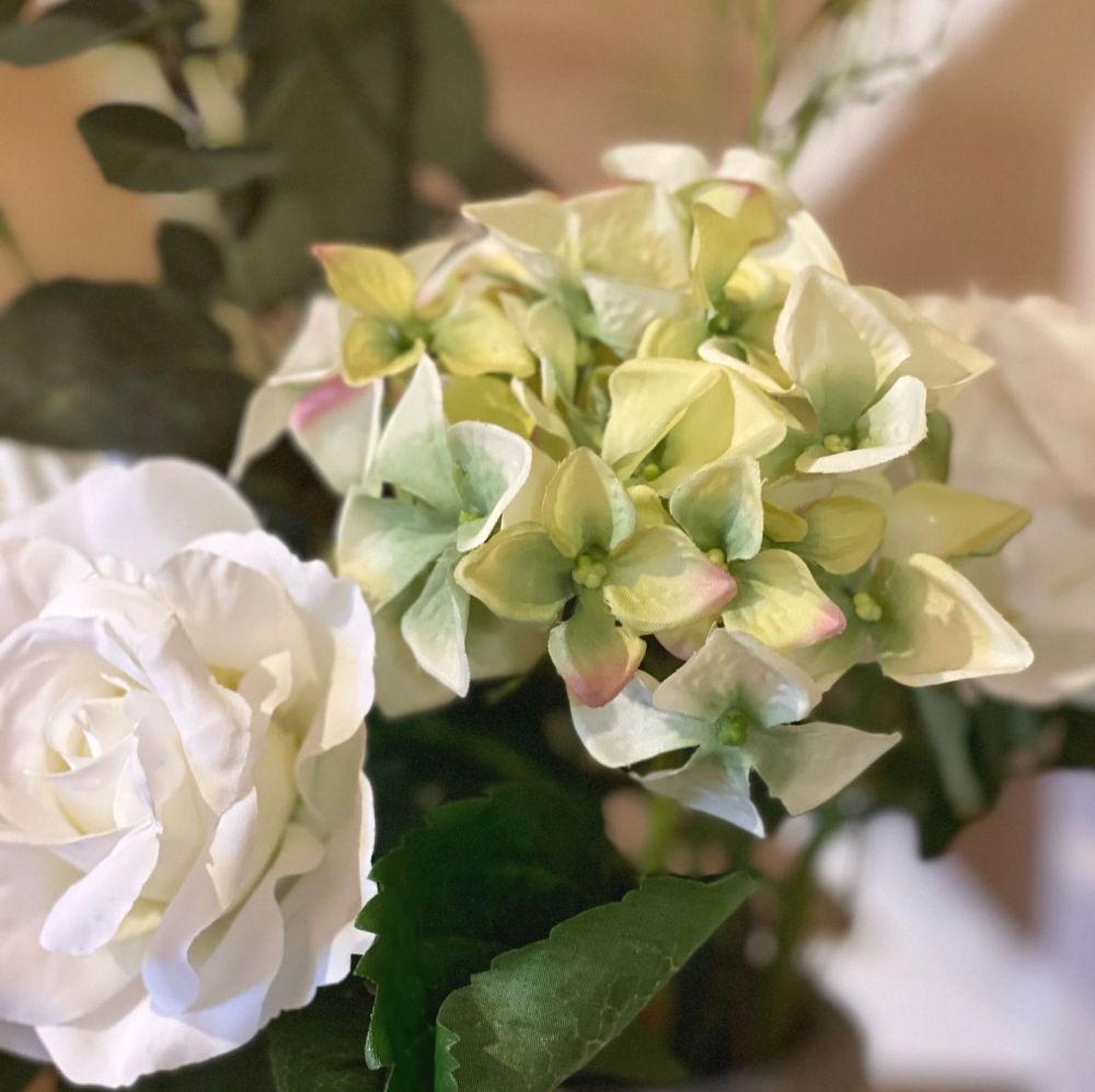 Faux silk Green Hydrangea stems, short artifical flowers yellow / green