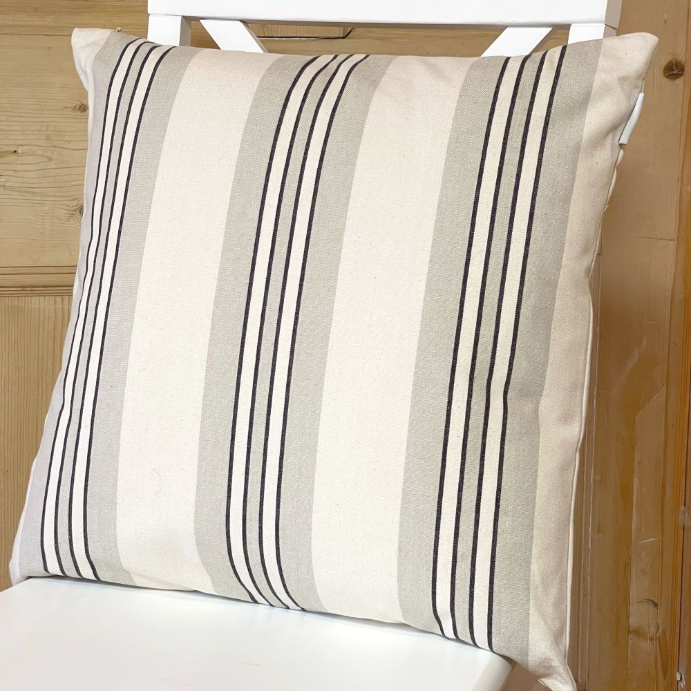 Natural Linen French Stripe Cushion - Cream & Charcoal