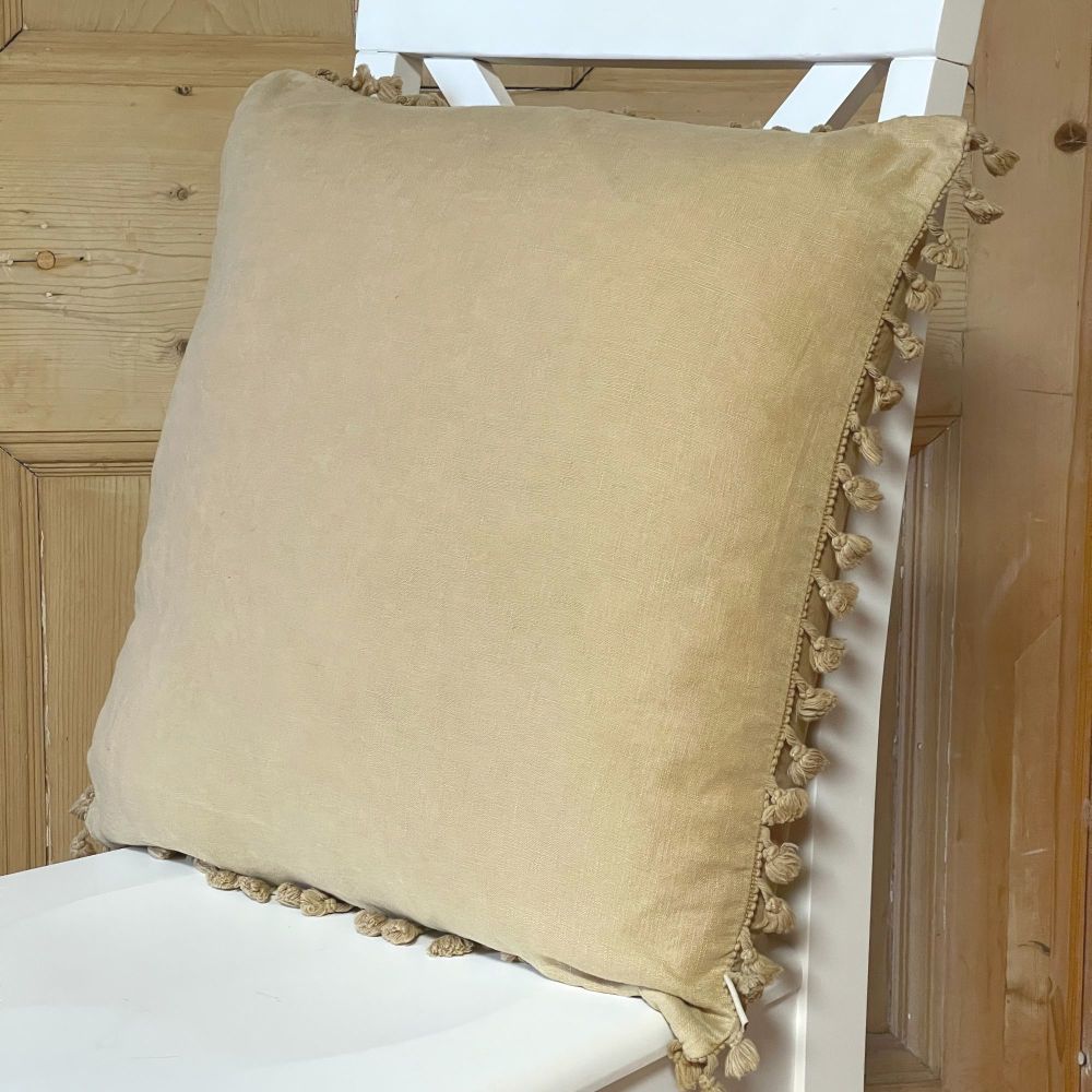 Natural Linen Cushion with tassels - Pale Ochre