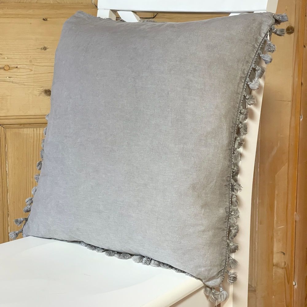 Natural Linen Cushion with tassels - Pale Silver Grey