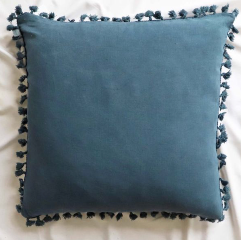 Natural Linen Cushion with tassels - Dark Teal