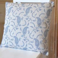 Linen mix Paisley Leaf Cushion - Vintage White & Blue