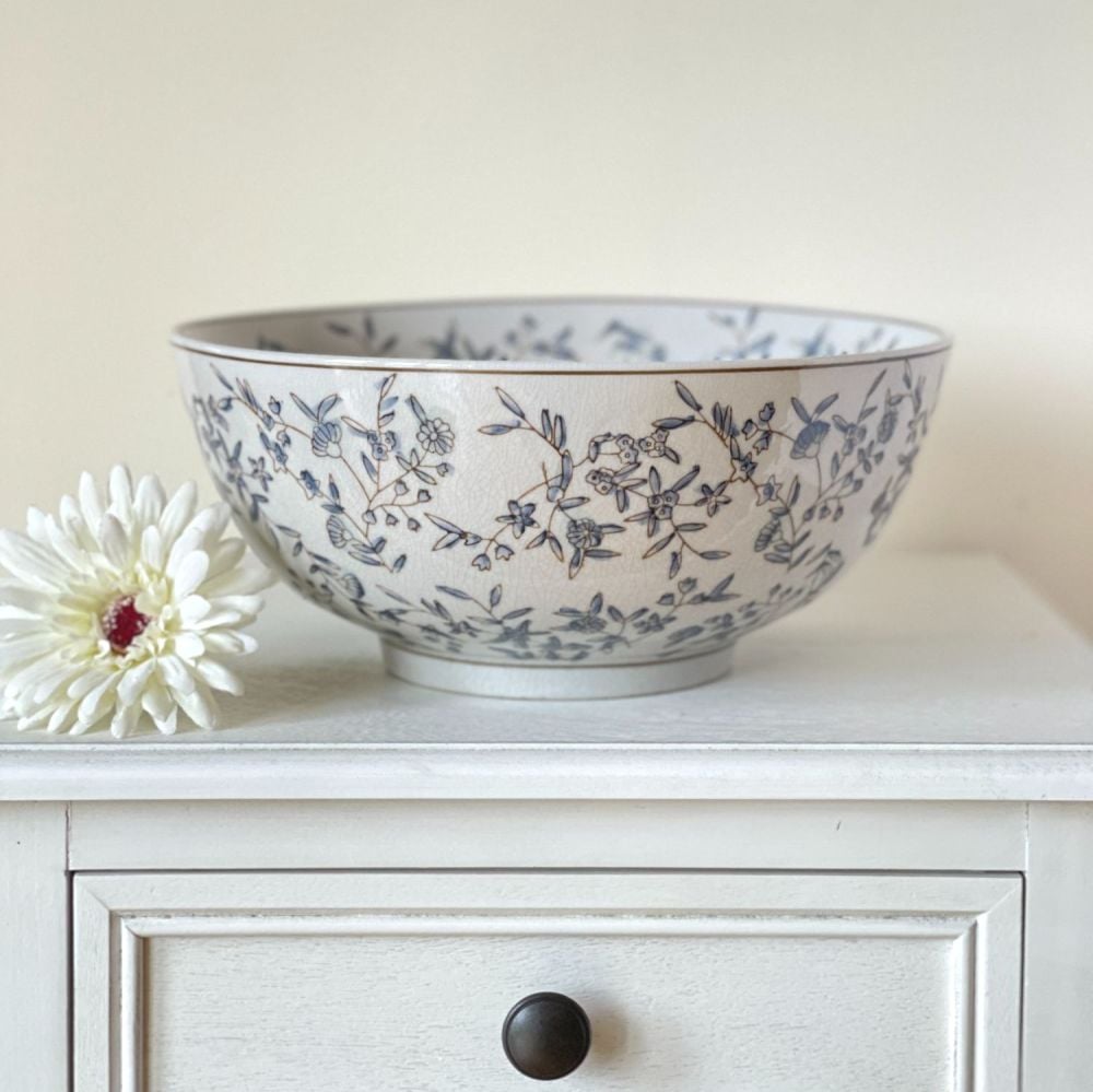Medium Ceramic Decorative Bowl / Fruit Bowl Botanical Indigo Blue & White