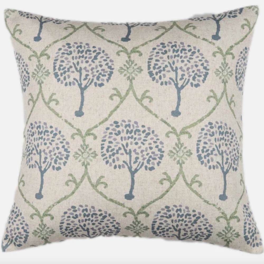 Linen mix Tree Trellis Cushion in Chalk White, Blue & Green