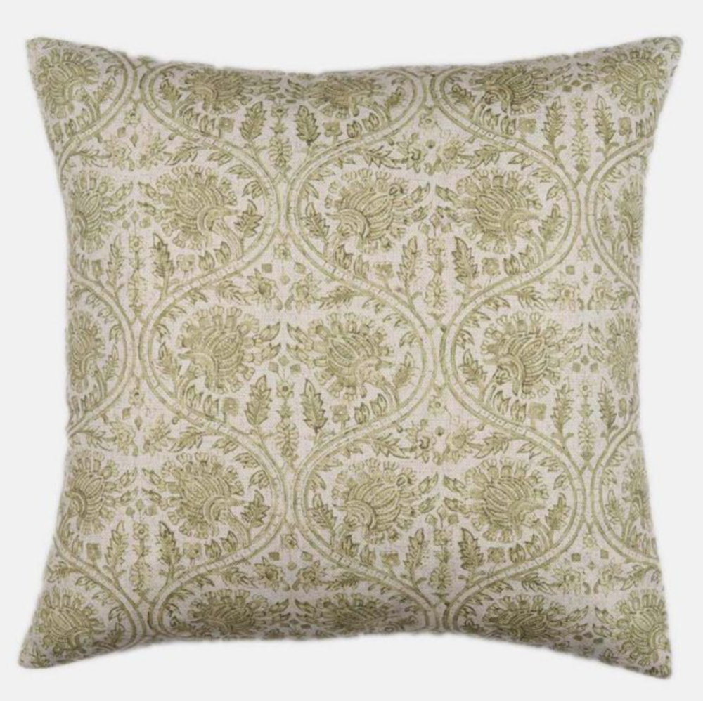 Linen mix Flower Temple Cushion in Pale Lime