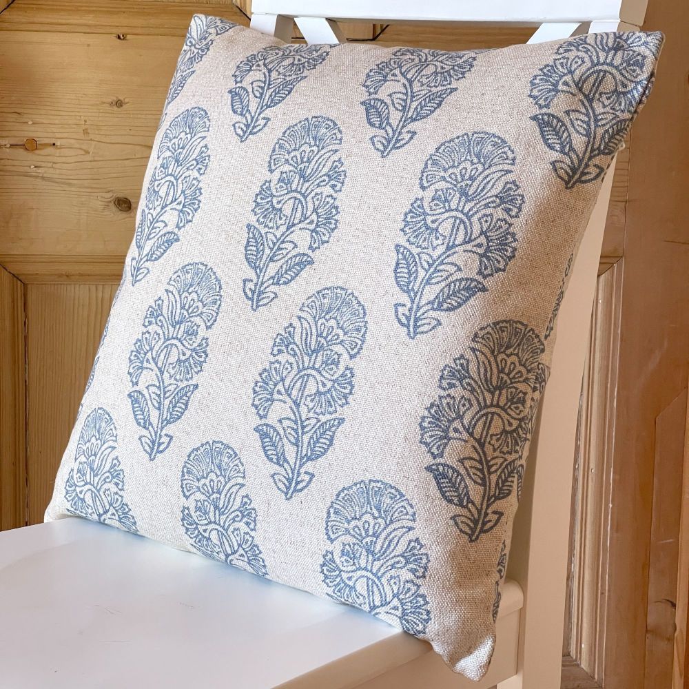 Linen mix Block Print Botanical Cushion - Antique White & Blue